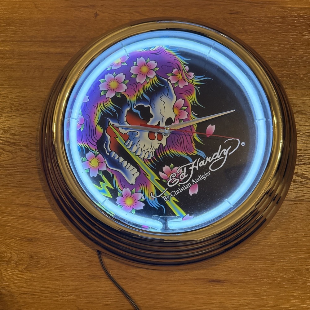 Ed Hardy Neon Wall Clock Skull Flowers Christian Audigier Y2K Tattoo Chrome 14.5